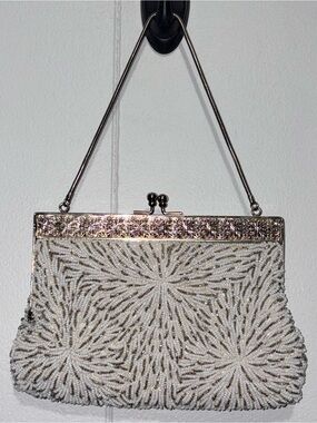 Vintage Walborg Starburst Beaded Evening Bag White Silver Kiss Lock MCM